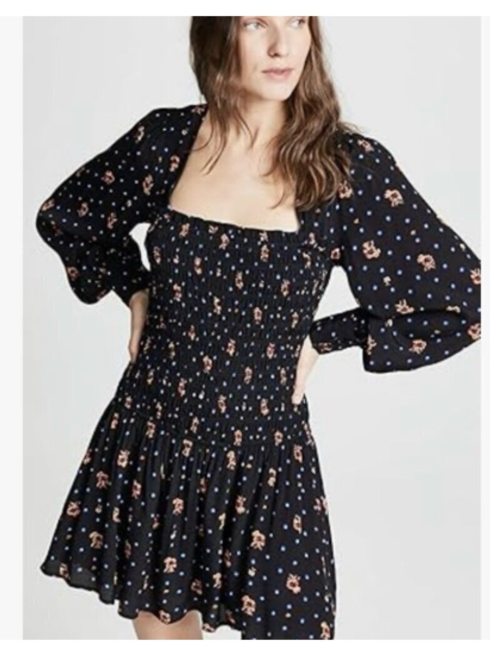 Free People Two Faces Smocked Mini Dress Black Floral Polka Dot Long Sleeve S